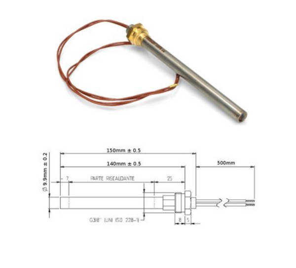 Resistencia estufa pellet 140mm x 9.9mm 3/8 250W HT62650