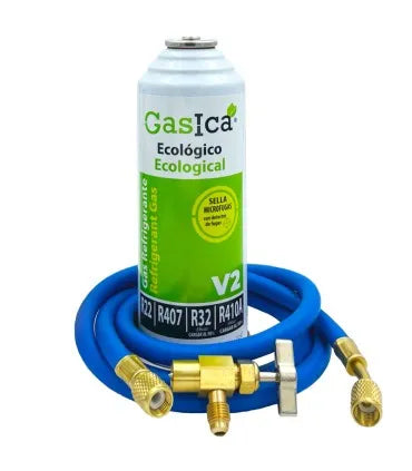 Gas refrigerante GASICA V2 - R22 R32 R407 R290 R410A + manguera carga 5/16"x1/4" + válvula