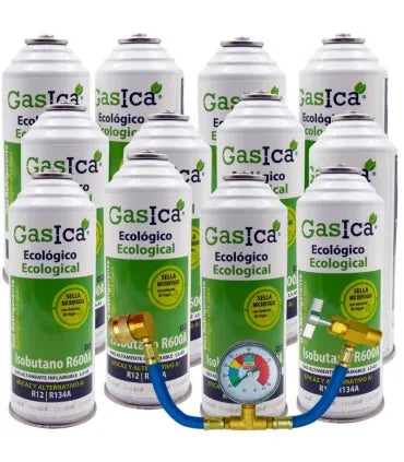 Pack 12 botellas gas refrigerante GASICA D2 - R12 R134a + manómetro