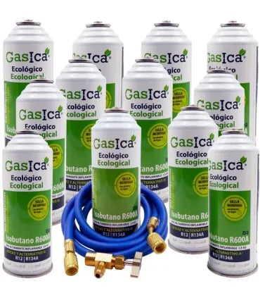 Pack 12 botellas gas refrigerante GASICA D2 - R12 R134a + manguera carga 1/4"x1/4" + válvula