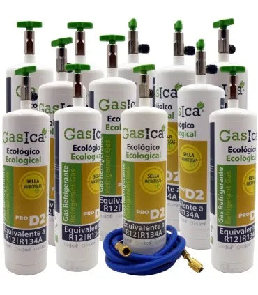 Pack 12 botellas gas refrigerante GASICA PRO D2 - R12 R134a + manguera carga 1/4"x1/4"