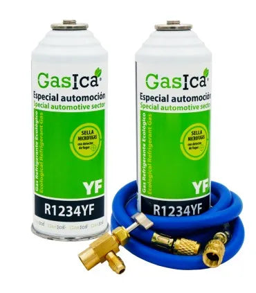 Pack gas refrigerante ecológico GASICA YF - R1234yf + manguera carga 5/16"x1/4" + válvula