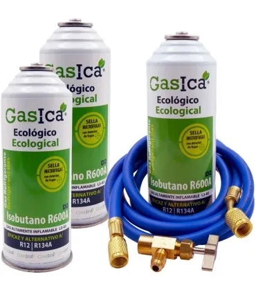 Pack 3 botellas gas refrigerante GASICA D2 - R12 R134a + manguera carga 1/4"x1/4" + válvula