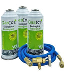 Pack 3 botellas gas refrigerante GASICA V2 - R22-R32-R407-R290-R410A + manguera carga 1/4"x1/4" + válvula