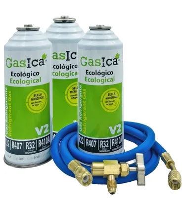 Pack 3 botellas gas refrigerante GASICA V2 - R22 R32 R407 R290 R410A + manguera carga 5/16"x1/4" + válvula