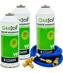 Pack 3 botellas gas refrigerante GASICA YF - R1234yf + manguera carga 1/4"x1/4" + válvula