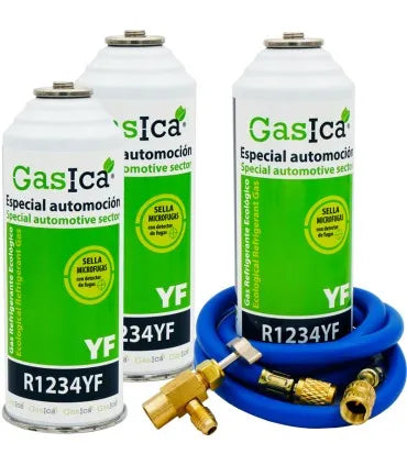 Pack 3 botellas gas refrigerante GASICA YF - R1234yf + manguera carga 5/16"x1/4" + válvula
