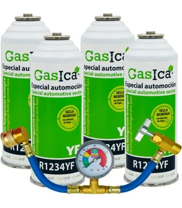 Pack 4 botellas gas refrigerante GASICA YF - R1234yf + manómetro