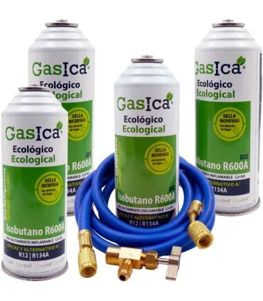 Pack 4 botellas gas refrigerante GASICA D2 - R12 R134a + manguera carga 1/4"x1/4" + válvula