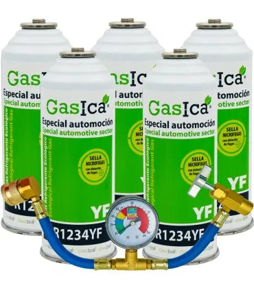 Pack 5 botellas gas refrigerante GASICA YF - R1234yf + manómetro