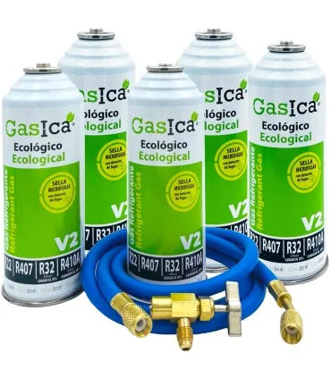 Pack 5 botellas gas refrigerante GASICA V2 - R22-R32-R407-R290-R410A + manguera carga 1/4"x1/4" + válvula