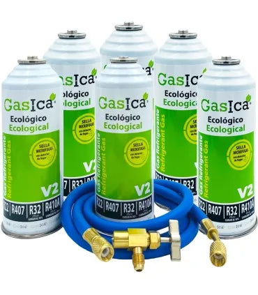 Pack 6 botellas gas refrigerante GASICA V2 - R22-R32-R407-R290-R410A + manguera carga 1/4"x1/4" + válvula